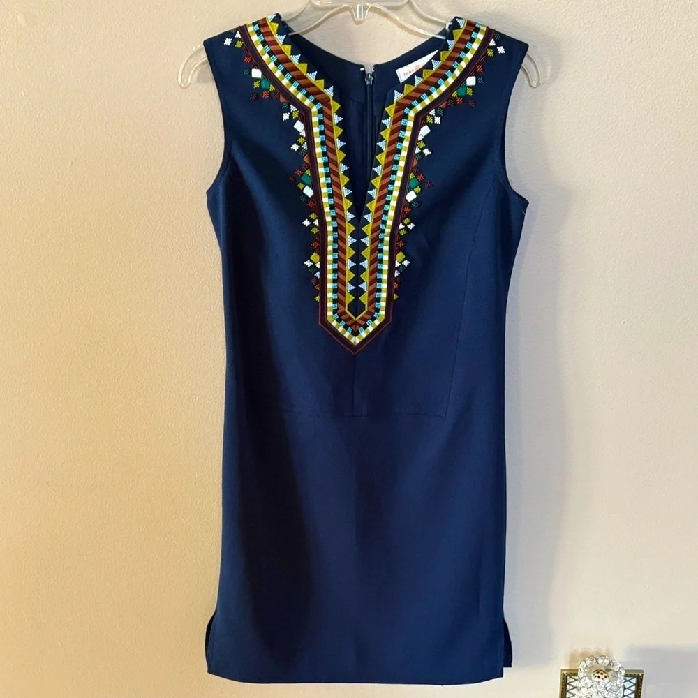 Tory Burch SOPHIA Navy tunic Dress sleeveless Colorful Embroidery / beading 0